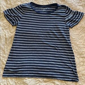 LOFT Blue and White Striped Crew Neck Shirt Sleeve Tee With Sleeve Fringe Accent